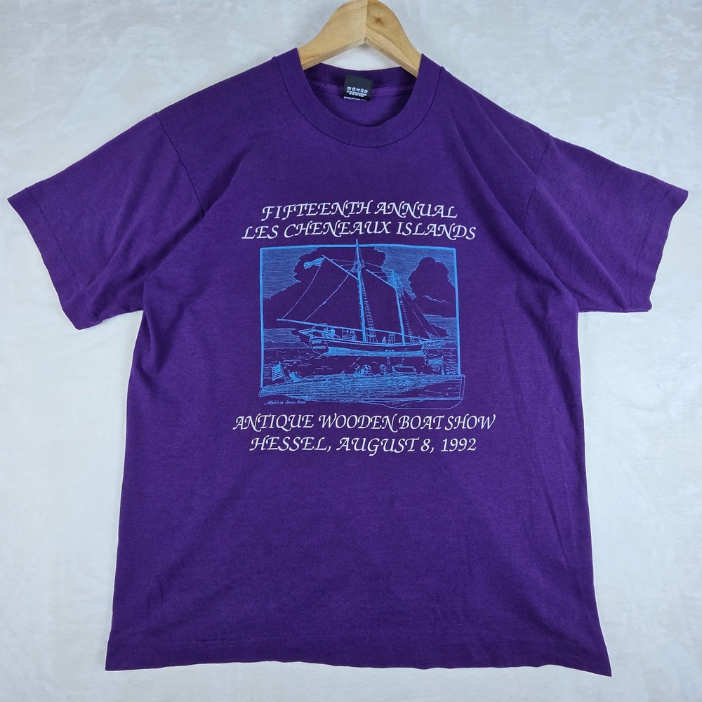 VTG Screen Stars T-Shirt Mens L Purple 1992 Boat Show Les Cheneaux Single Stitch